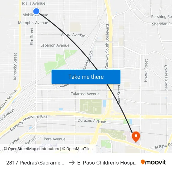 2817 Piedras\Sacramento to El Paso Children's Hospital map