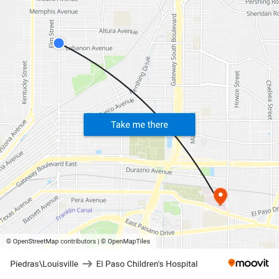 Piedras\Louisville to El Paso Children's Hospital map
