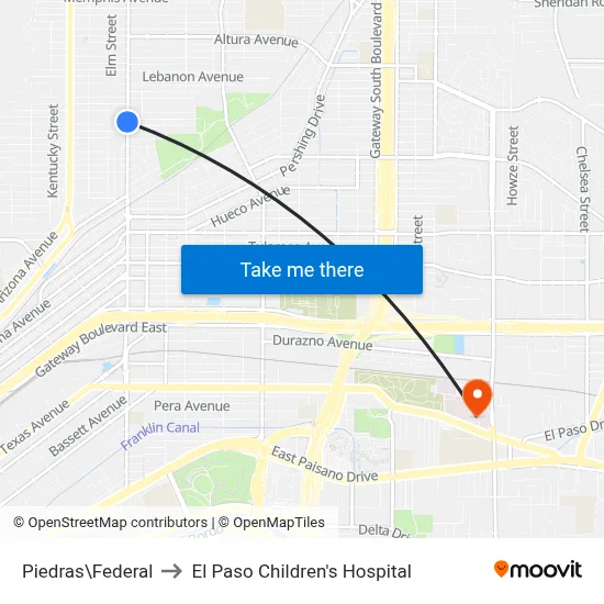 Piedras\Federal to El Paso Children's Hospital map
