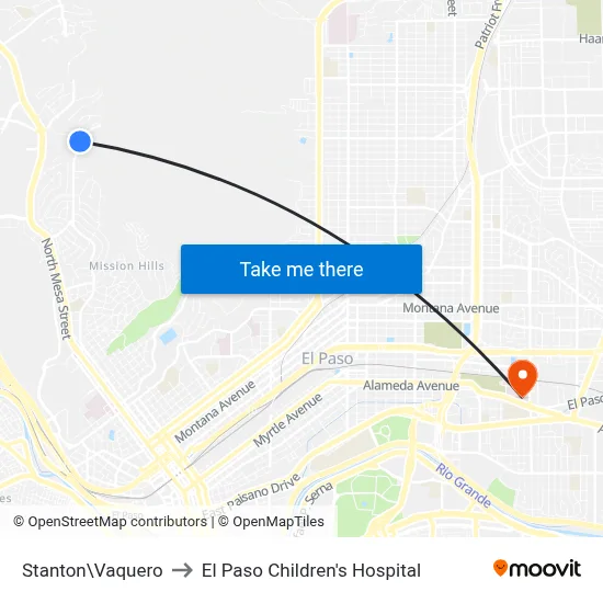 Stanton\Vaquero to El Paso Children's Hospital map