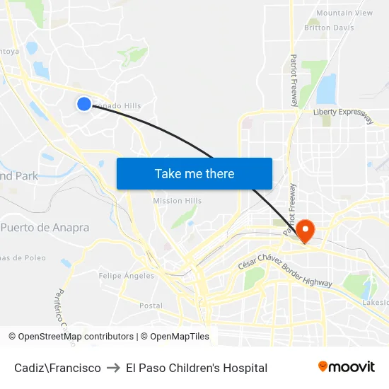 Cadiz\Francisco to El Paso Children's Hospital map