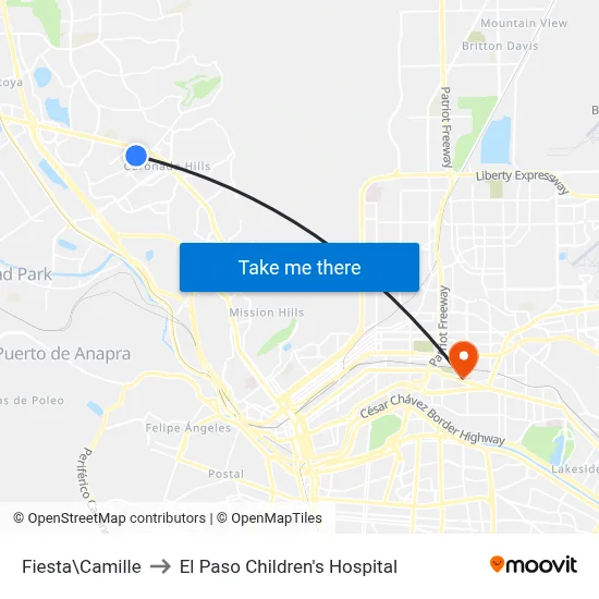 Fiesta\Camille to El Paso Children's Hospital map