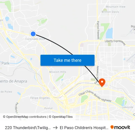 220 Thunderbird\Twilight to El Paso Children's Hospital map