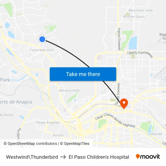 Westwind\Thunderbird to El Paso Children's Hospital map