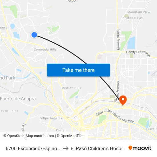 6700 Escondido\Espinoso to El Paso Children's Hospital map