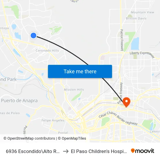 6936 Escondido\Alto Rey to El Paso Children's Hospital map