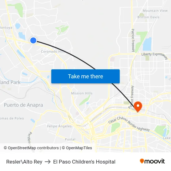 Resler\Alto Rey to El Paso Children's Hospital map