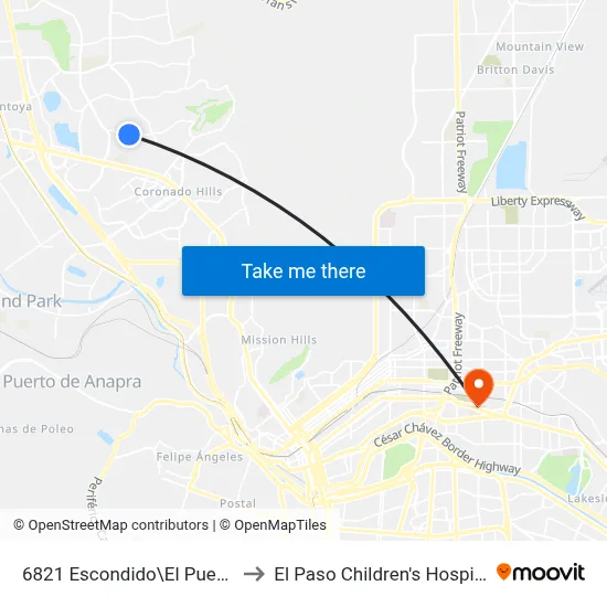 6821 Escondido\El Puente to El Paso Children's Hospital map