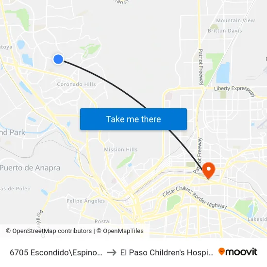 6705 Escondido\Espinoso to El Paso Children's Hospital map