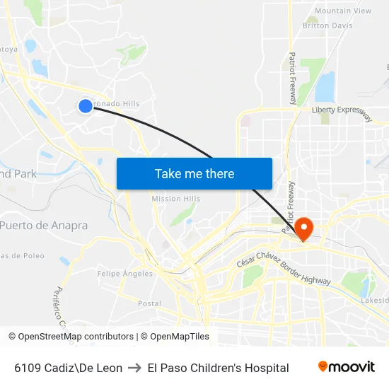 6109 Cadiz\De Leon to El Paso Children's Hospital map