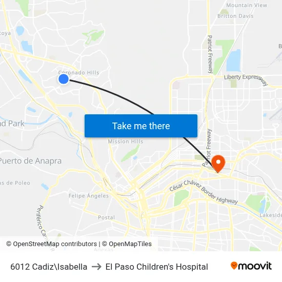 6012 Cadiz\Isabella to El Paso Children's Hospital map