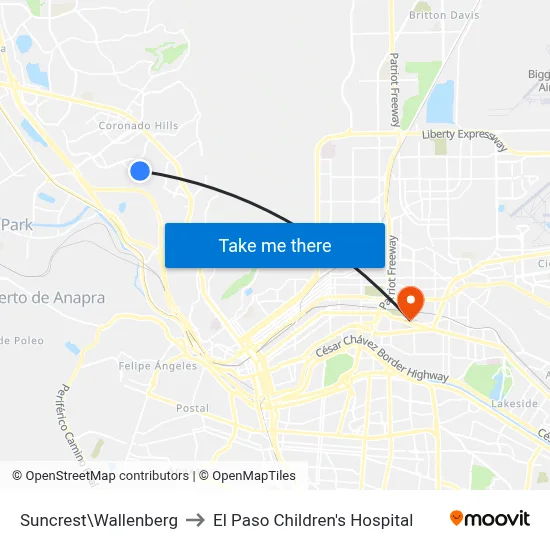 Suncrest\Wallenberg to El Paso Children's Hospital map