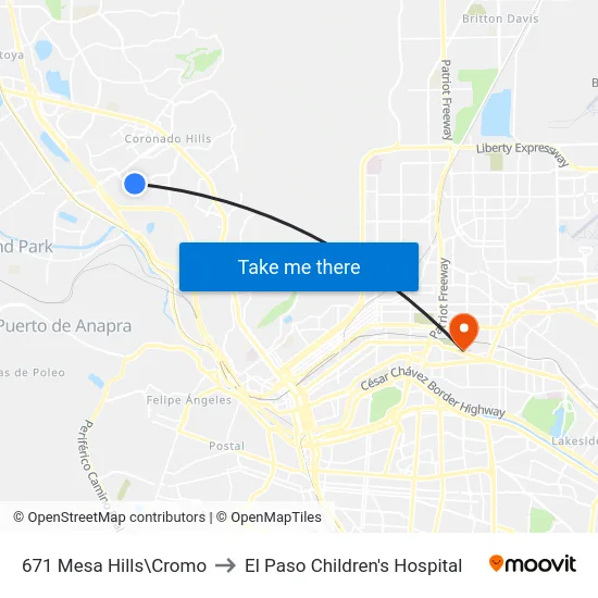 671 Mesa Hills\Cromo to El Paso Children's Hospital map
