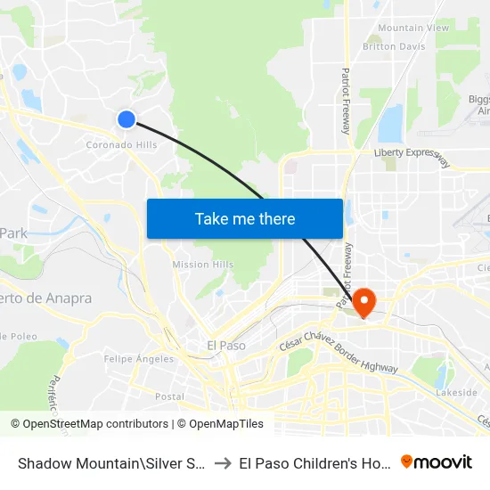 Shadow Mountain\Silver Springs to El Paso Children's Hospital map