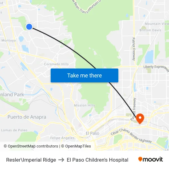 Resler\Imperial Ridge to El Paso Children's Hospital map