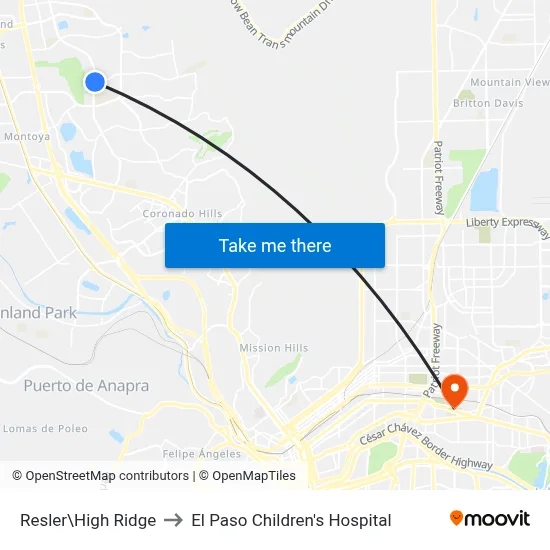 Resler\High Ridge to El Paso Children's Hospital map