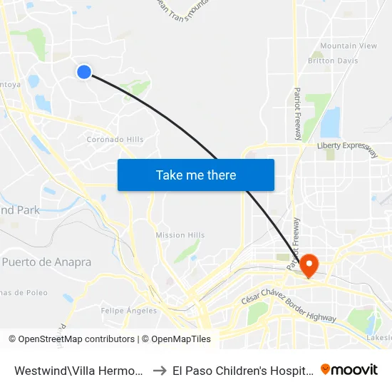 Westwind\Villa Hermosa to El Paso Children's Hospital map