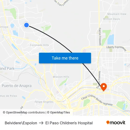 Belvidere\Espolon to El Paso Children's Hospital map