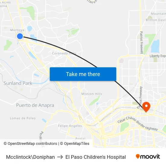 Mcclintock\Doniphan to El Paso Children's Hospital map