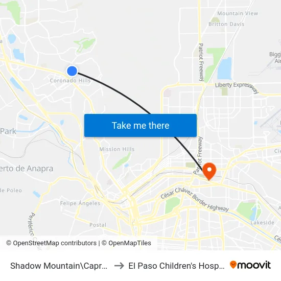 Shadow Mountain\Caprock to El Paso Children's Hospital map