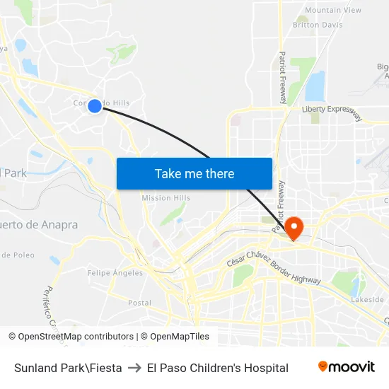 Sunland Park\Fiesta to El Paso Children's Hospital map