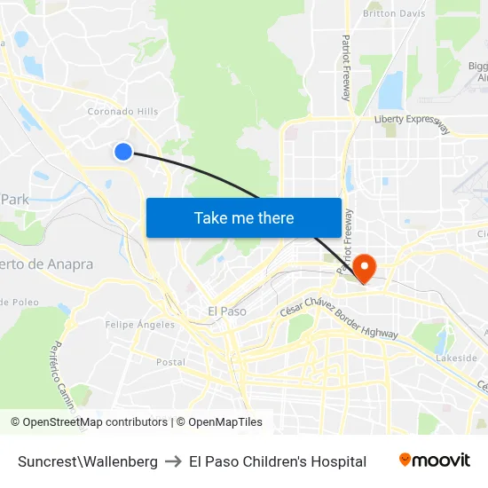 Suncrest\Wallenberg to El Paso Children's Hospital map