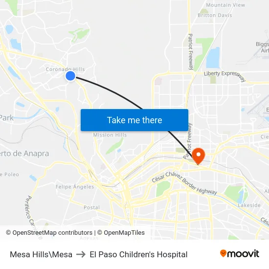 Mesa Hills\Mesa to El Paso Children's Hospital map