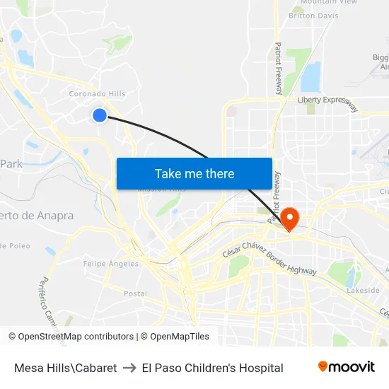 Mesa Hills\Cabaret to El Paso Children's Hospital map