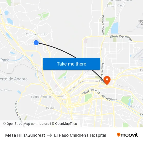 Mesa Hills\Suncrest to El Paso Children's Hospital map