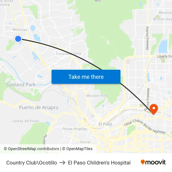 Country Club\Ocotillo to El Paso Children's Hospital map