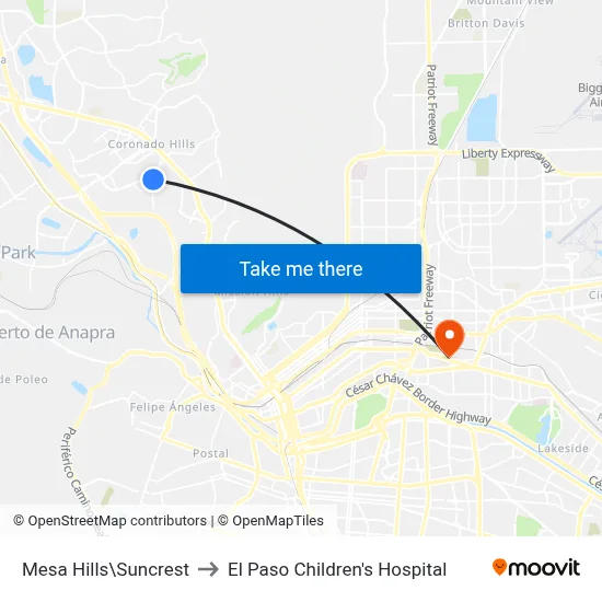 Mesa Hills\Suncrest to El Paso Children's Hospital map
