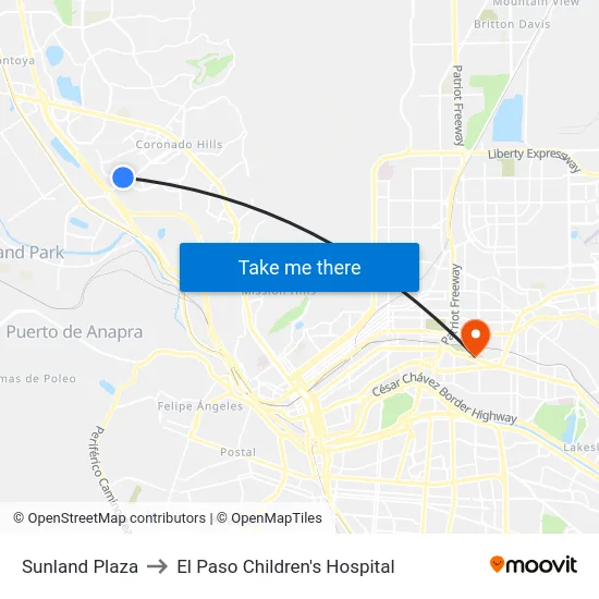 Sunland Plaza to El Paso Children's Hospital map