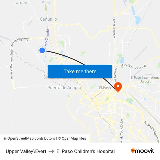 Upper Valley\Evert to El Paso Children's Hospital map