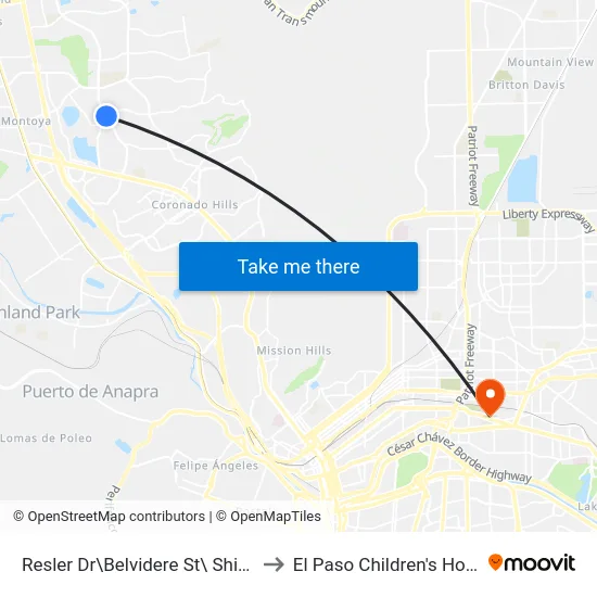 Resler Dr\Belvidere St\ Shire Way to El Paso Children's Hospital map