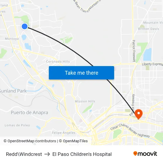 Redd\Windcrest to El Paso Children's Hospital map