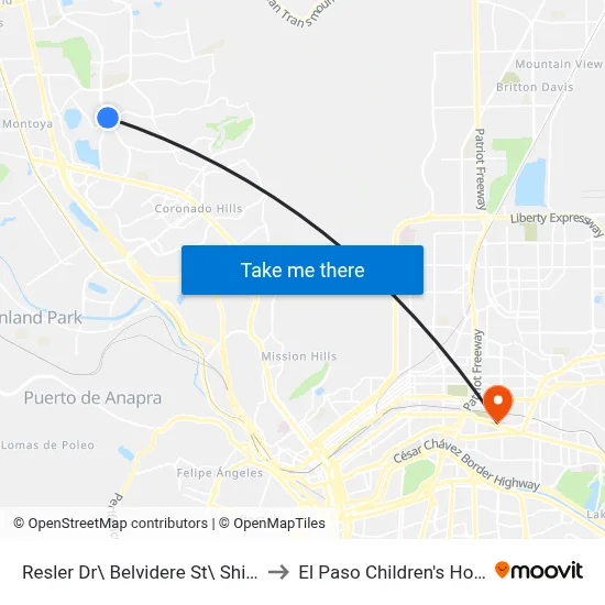 Resler Dr\ Belvidere St\ Shire Way to El Paso Children's Hospital map