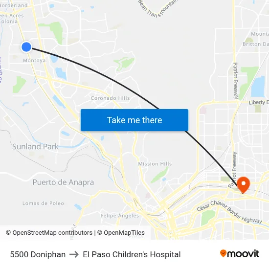 5500 Doniphan to El Paso Children's Hospital map