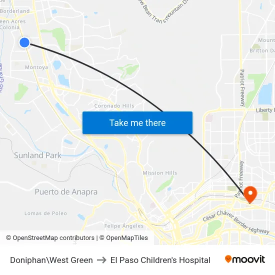 Doniphan\West Green to El Paso Children's Hospital map