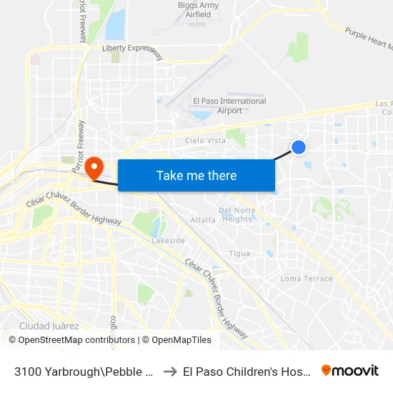 3100 Yarbrough\Pebble Hills to El Paso Children's Hospital map