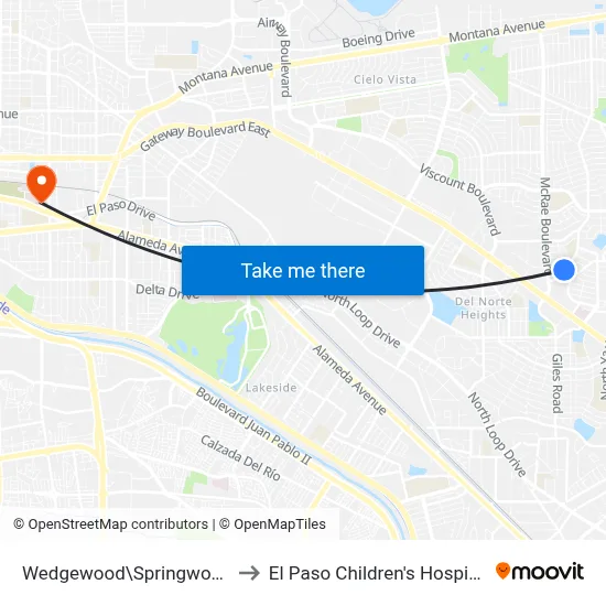 Wedgewood\Springwood to El Paso Children's Hospital map