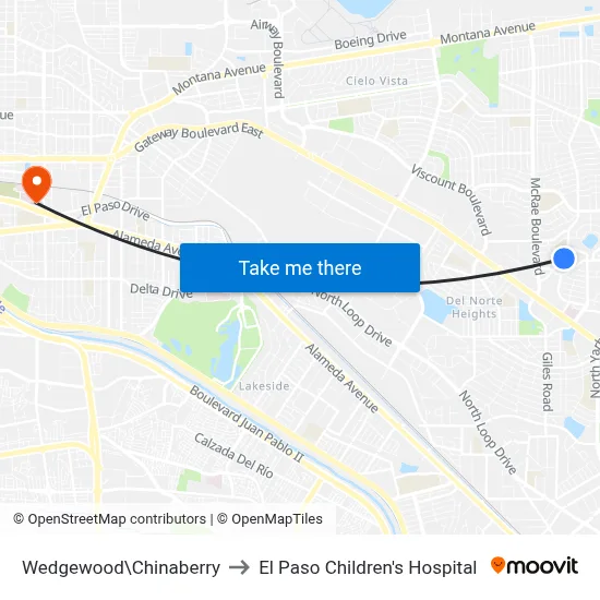 Wedgewood\Chinaberry to El Paso Children's Hospital map