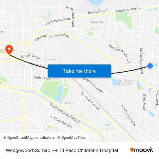 Wedgewood\Sumac to El Paso Children's Hospital map