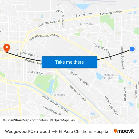 Wedgewood\Camwood to El Paso Children's Hospital map