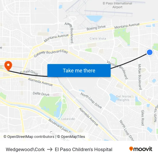 Wedgewood\Cork to El Paso Children's Hospital map