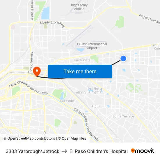 3333 Yarbrough\Jetrock to El Paso Children's Hospital map
