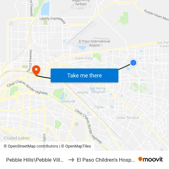 Pebble Hills\Pebble Village to El Paso Children's Hospital map