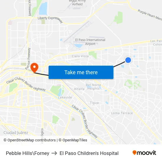 Pebble Hills\Forney to El Paso Children's Hospital map