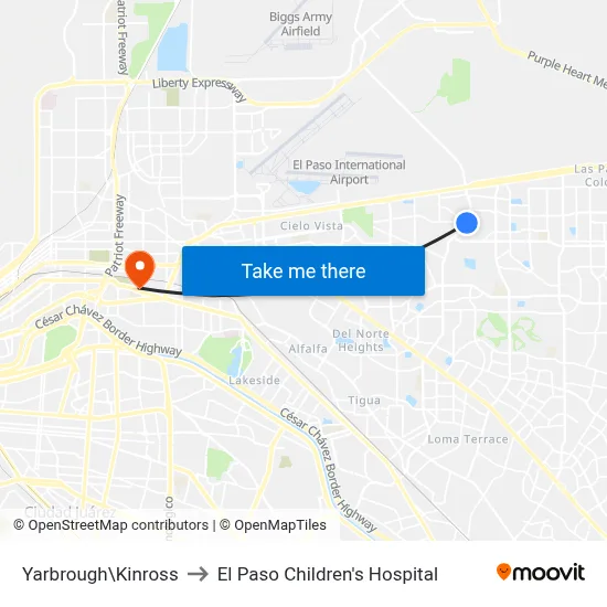 Yarbrough\Kinross to El Paso Children's Hospital map