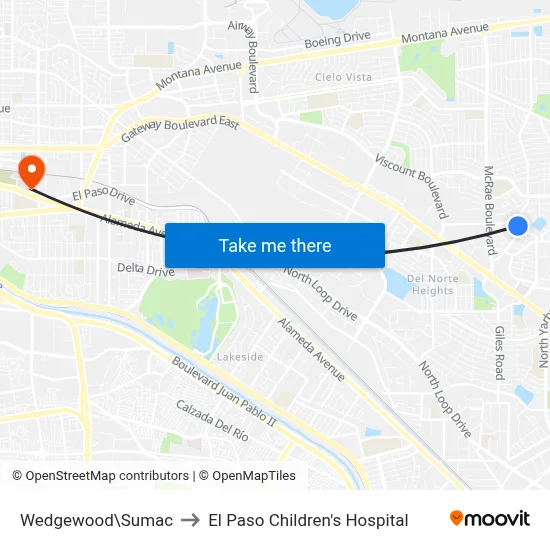 Wedgewood\Sumac to El Paso Children's Hospital map