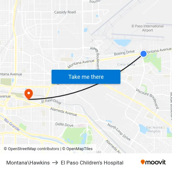 Montana\Hawkins to El Paso Children's Hospital map